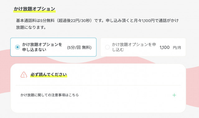 ahamo かけ放題オプションの申し込み画面のキャプチャ